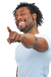 black man pointing, happy face