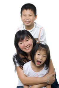 Asian mom with kids
