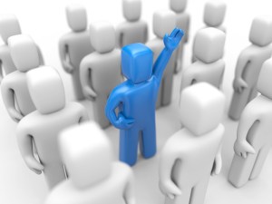 character raising hand in a crowd