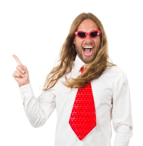 excited man pointing, long hair, tie