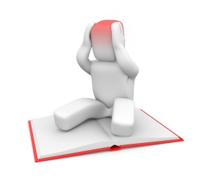 character sitting on book overwhelmed