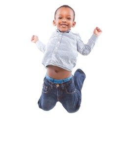 happy jumping black boy, white background